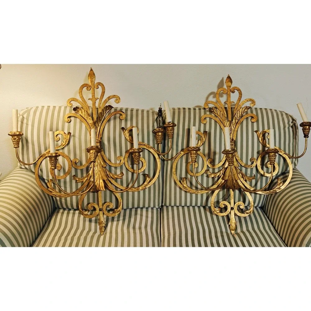 Vintage mid Century‎ Italian Gold Gilt Large Wall Sconces